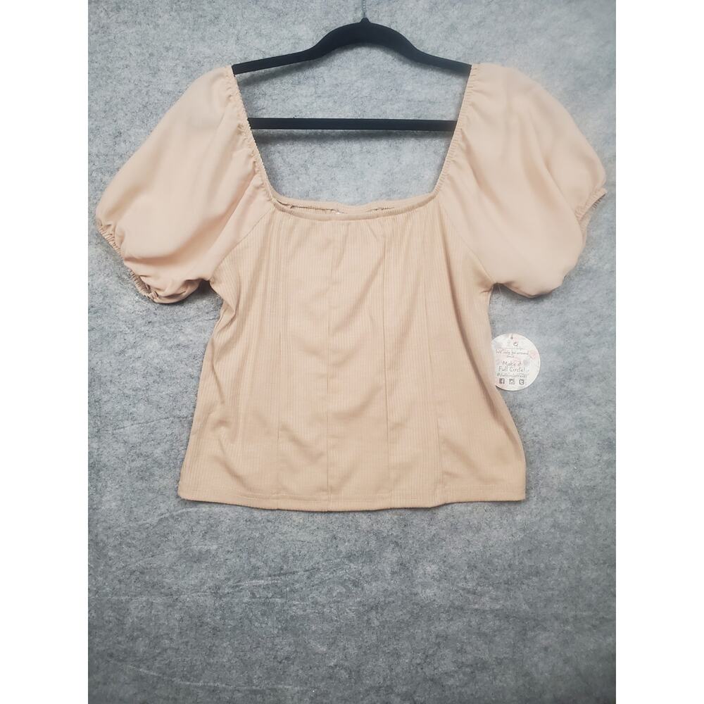 NWT Juniors L Jolie & Joy Taupe Puff Sleeve Ribbed Blouse